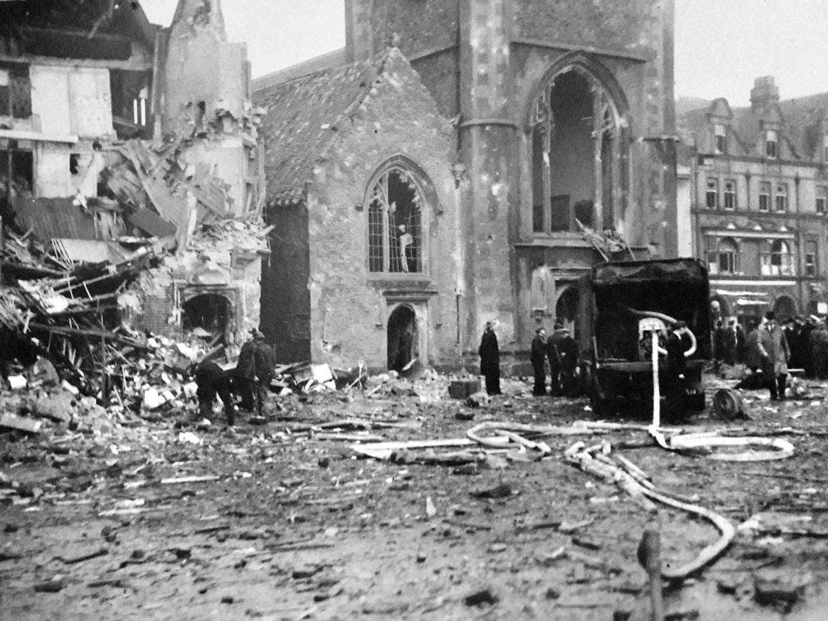 The devastation of area outside St. Laurence Church, Reading after the bombing
